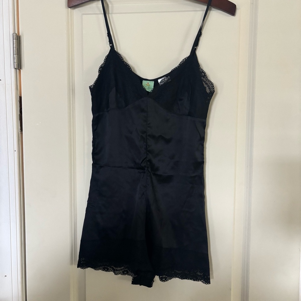 Black Satin Chemise with Lace Trim